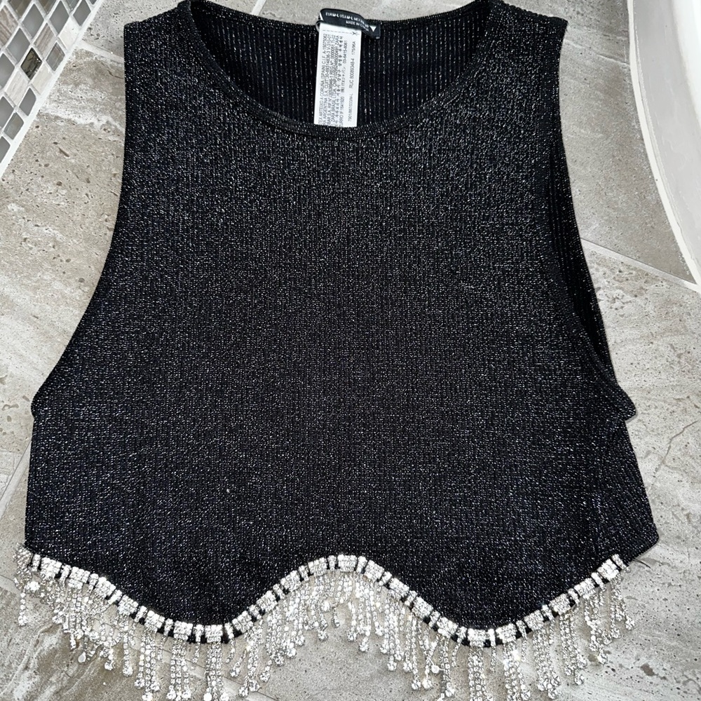 Zara Black Metallic Knit Crop Top with Beaded Fringe